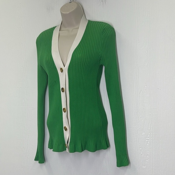 Boston Proper - Ribbed Bright Green White Trim Gold Button Cardigan Size Medium - Picture 5 of 10